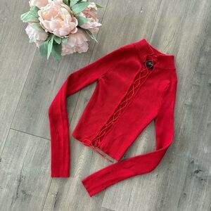 ❄️5 for $20❄️ New Say What Red Lace Up Cut Out Ribbed Sweater Crop Top
